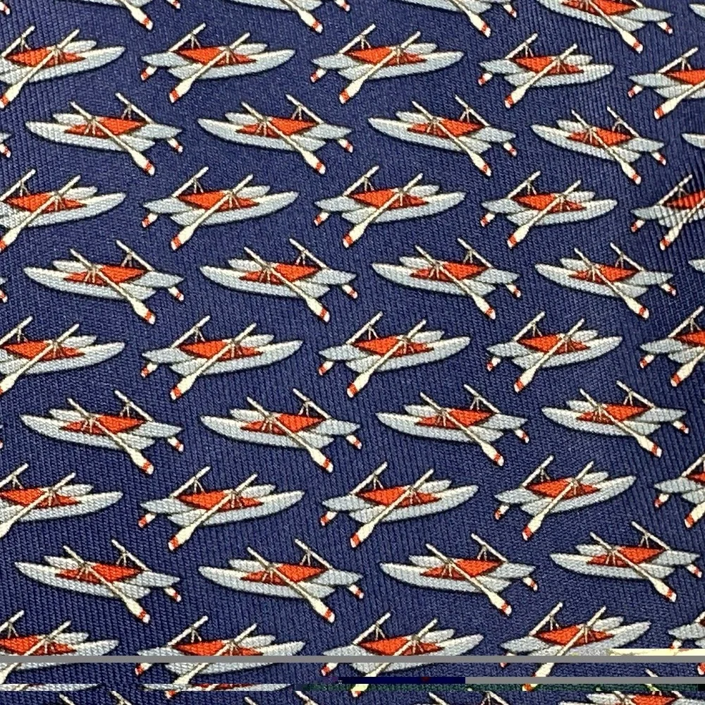 Vintage Salvatore Ferragamo Silk Tie Rowing Scull Boat Print Italy Blue 58x3.6